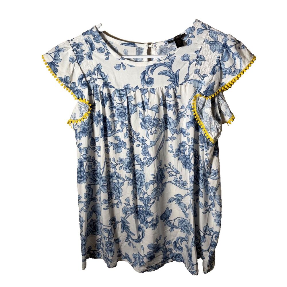 Mackenzie & James Blouse Women's Large Floral Short Sleeve Pleated Tassel Boho